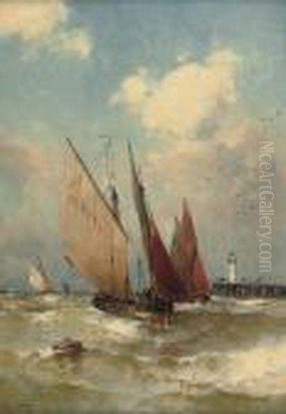 Fishing Smacks Sailing Out Of Harbour Oil Painting by Theodor Alexander Weber