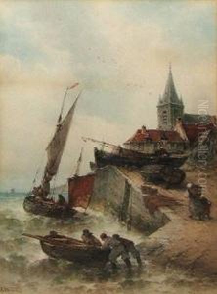 Coastal Landscapes With Fishing 
Boats Headed Out, Possibly At St. Michael's Mount, Cornwall Oil Painting by Theodor Alexander Weber