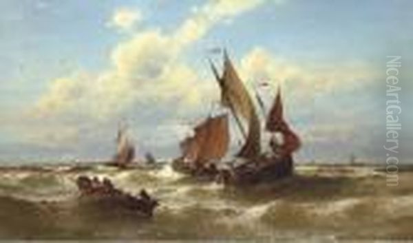 Bateaux De Blankenberghe: Fishing On A Choppy Sea Oil Painting by Theodor Alexander Weber