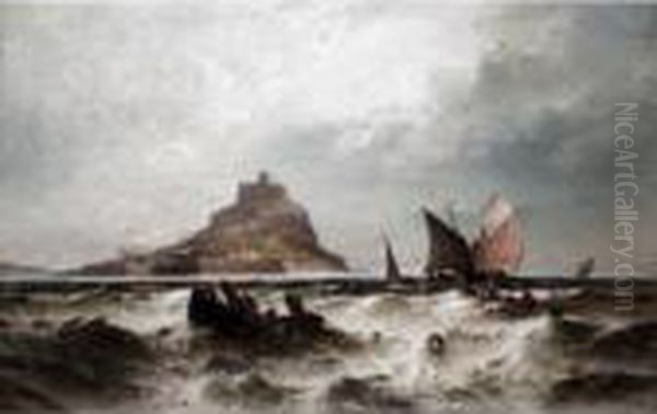 Fishing Smacks At Sea In Front Of St Michael's Mount, Cornwall Oil Painting by Theodor Alexander Weber