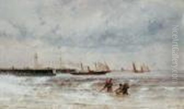 Ausfahrende Schiffe. Signiert 
Unten Rechts: Th. Weber. Ol Auf Leinwand. H 33; B 55 Cm. Provenienz: 
Kunsthandel M.l. De Boer, Amsterdam (1979). Oil Painting by Theodor Alexander Weber