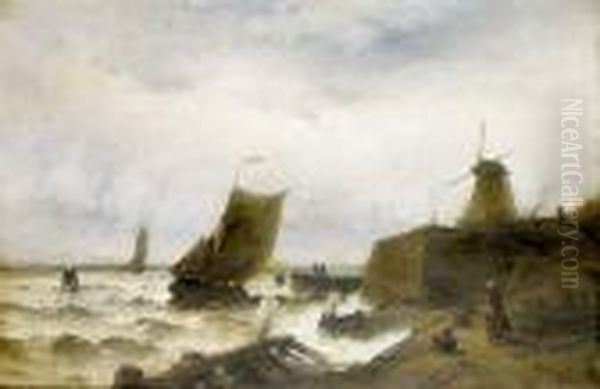 Hafenpartie Mit Schiff Bei Bewegter See. Oil Painting by Theodor Alexander Weber