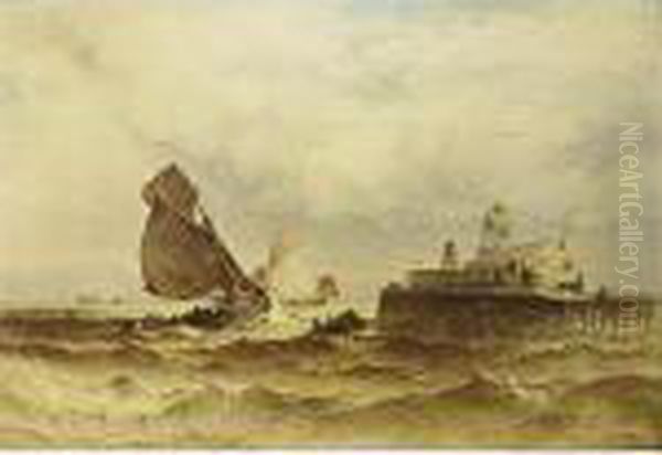 Sailing Vessels On A Choppy Sea Oil Painting by Theodor Alexander Weber