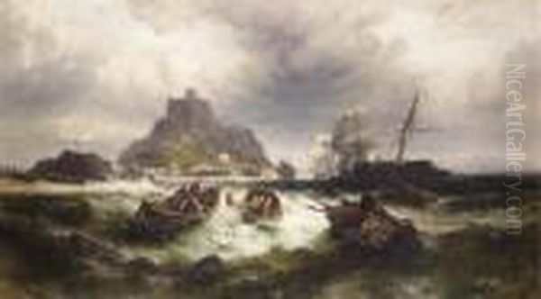 Salvaging A Shipwreck Off St. Michael's Mount Oil Painting by Theodor Alexander Weber