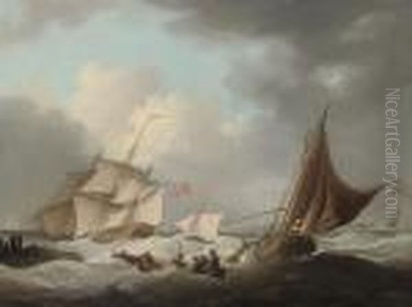 Choppy Waters Off The Dutch 
Coast, A Government Cutter Running Out To Meet An English Frigate Beyond Oil Painting by George Webster