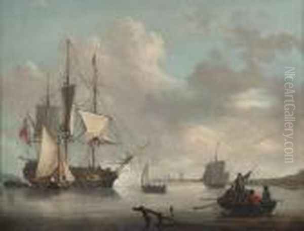 A British Frigate Announcing Her Departure From The Estuary Oil Painting by George Webster