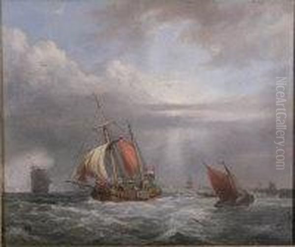 A Dutch Koff And Other Sailing Boats Off A Harbour Wall Oil Painting by George Webster