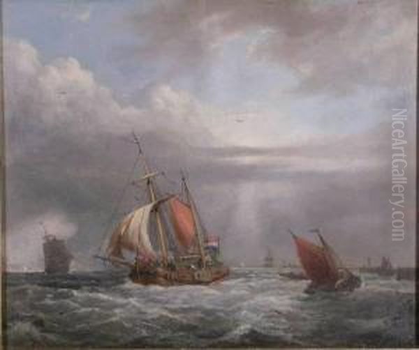 A Dutch Koff And Other Sailingboats Off A Harbour Wall Oil Painting by George Webster