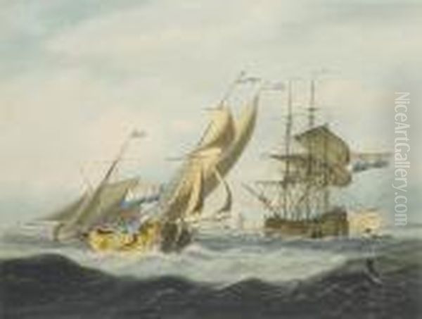 A Busy Dutch Anchorage With A French Armed Lugger Passing Inshore Oil Painting by George Webster