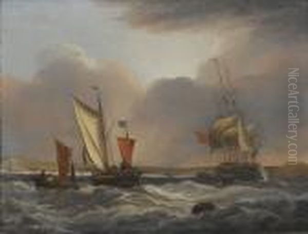 A Frigate Hove-to Offshore, With A Boat Alongside And Other Smallcraft Nearby Oil Painting by George Webster