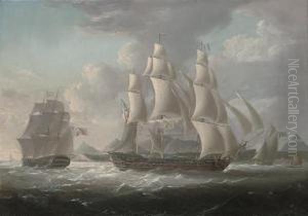 Royal Naval Frigates And An 
Armed Cutter Off A West Indian Island, Believed To Be Martinique, With A
 Native Raft Offshore Oil Painting by George Webster