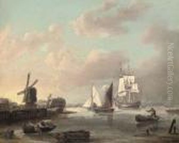 A Merchant Frigate And Smaller Traders Running Up The Thames Estuary Heading For London Oil Painting by George Webster