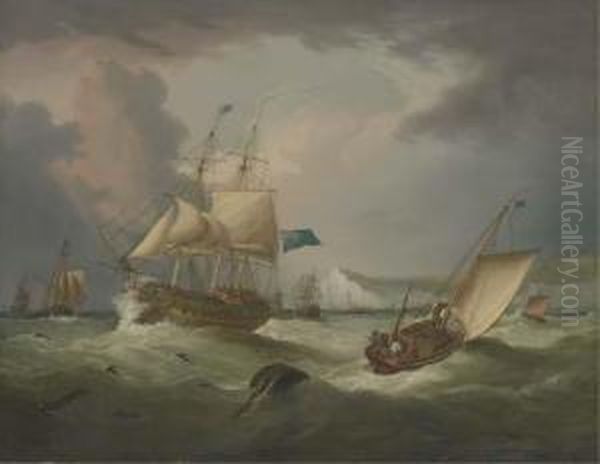 A Thirty Gun Frigate Of The Blue Squadron Off Dover Castle In Choppy Seas Oil Painting by George Webster