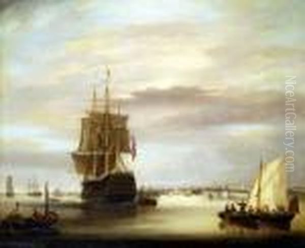 Hms Victory, Off Portsmouth Oil Painting by George Webster