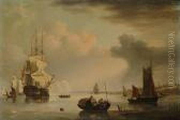 Man Of War Firing Salute Oil Painting by George Webster