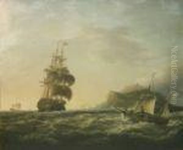 'an Englishman-o'-war Under Full Sail With Other Craft Off The Coast' Oil Painting by George Webster