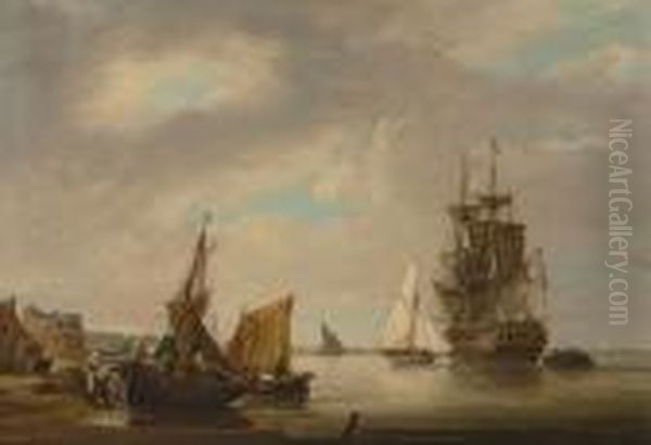 A Frigate Taking On Troops As 
She Prepares To Sail From Her Anchorage Just Outside The Entrance To 
Portsmouth Harbour Oil Painting by George Webster