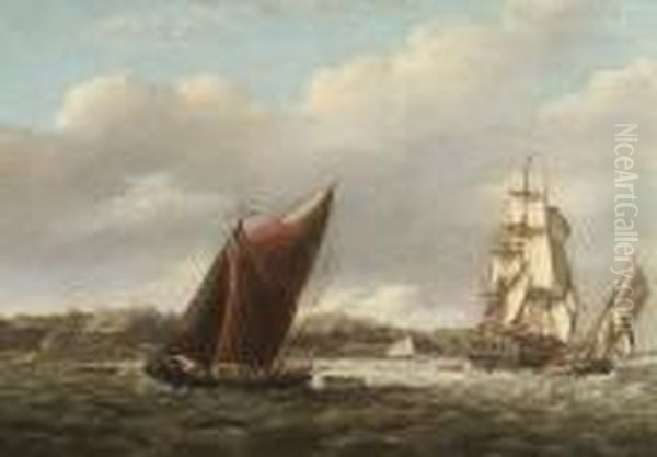 A Fully-laden Hay Barge Off The Suffolk Coast With A Three-master Astern Of Her Oil Painting by George Webster