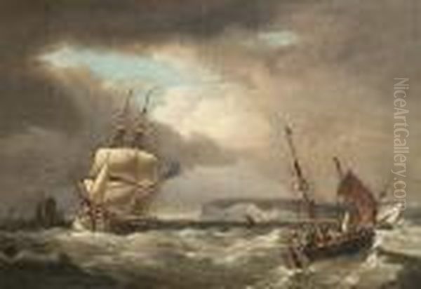 A Royal Navy Brig Heading Up The
 Channel Into A Squall As Smaller Craft Run Inshore For Shelter Oil Painting by George Webster