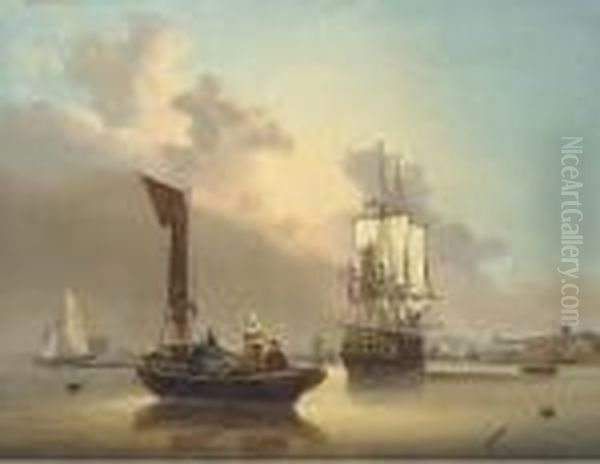 A Frigate At Anchor Amidst Local Craft, Including A Doble, On Themedway Oil Painting by George Webster