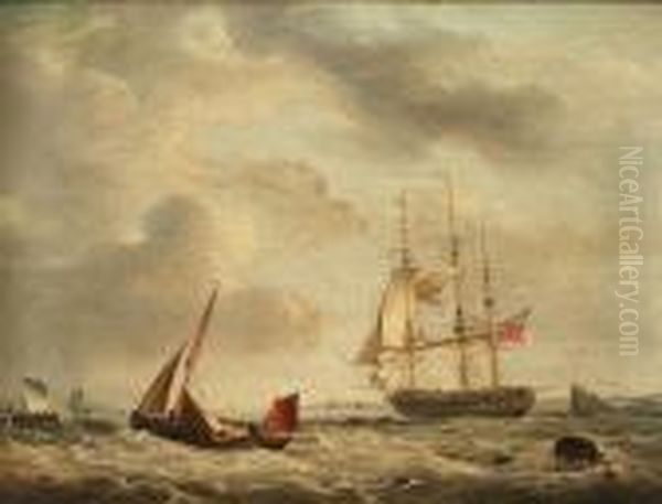 A Frigate And Smaller Craft 
Shortening Sail Ahead Of A Squall; A First Rate Heading Out To Sea, Her 
Upper Deck Crowded With Redcoats Anxious For Their Last Glimpse Of Home Oil Painting by George Webster