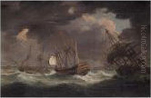 Man-o'-war And Other Shipping In A Storm Oil Painting by George Webster