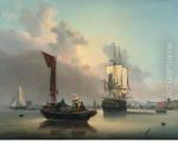 A Frigate At Anchor With Other Vessels Near Deptford Oil Painting by George Webster