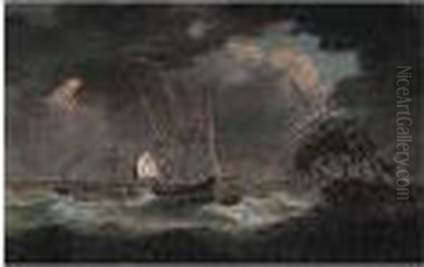 Man Of War And Other Shipping In A Storm Oil Painting by George Webster