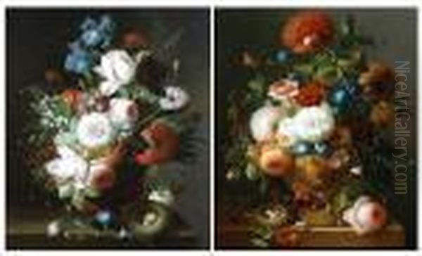 Flowerpiece, And Another Similar, Apair Oil Painting by Thomas Webster