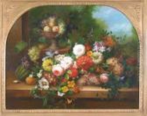 Still Life Of Flowers And Fruit On A Ledge Oil Painting by Thomas Webster