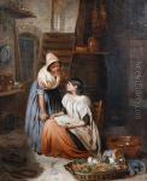 Two Girls In A Kitchen Interior Oil Painting by Thomas Webster