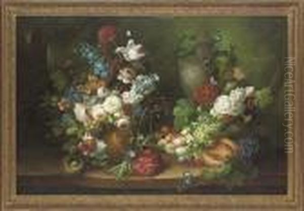 Peonies, Roses And Other Flowers
 In A Vase, With Butterflies And A Birds Nest, On A Stone Ledge, A 
Landscape Beyond Oil Painting by Thomas Webster