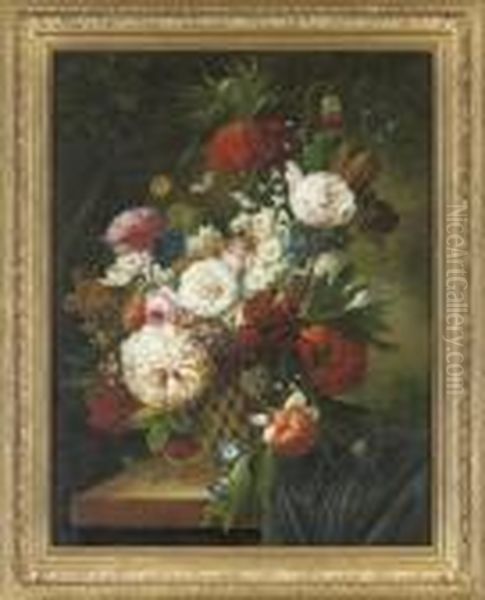 Magnificent Still Life In An Ornamental Basket; And Still Life With A Butterfly Oil Painting by Thomas Webster