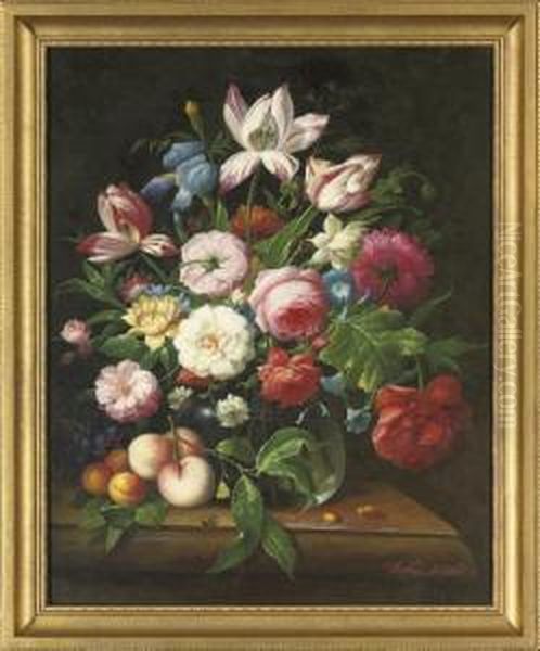 Roses, Camellia, Iris, Parrot 
Tulips And Morning Glory In A Glass Vase, With Peaches, Apricots And 
Grapes To The Side, On A Stone Ledge; And Camellias, Roses, Lilac, 
Narcissus And Parrot Tulips In A Glass Vase, With Grapes And Plums To 
The Side, O Oil Painting by Thomas Webster