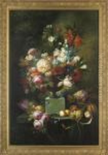 Parrot Tulips, Chrysanthemums, 
Roses, Corn Flowers, Lilies And Narcissus In An Urn, With Fruit In 
Wicker Baskets And On A Platter To The Side, On A Stone Ledge Oil Painting by Thomas Webster