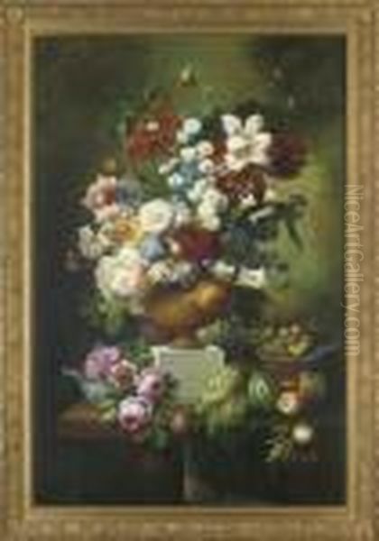 Parrot Tulips, Narcissus, 
Peonies, Chrysanthemums, Carnations, Lilies And Roses In An Urn With 
Fruit To The Side, On A Stone Ledge Oil Painting by Thomas Webster