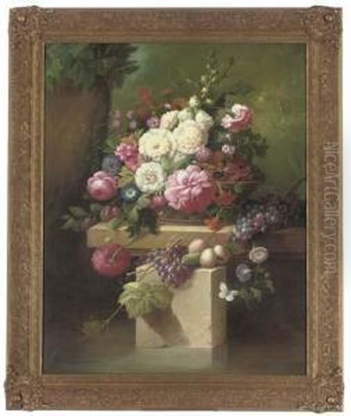 Pink Peonies, Morning Glory, Hollyhocks, Plums And Grapes Oil Painting by Thomas Webster