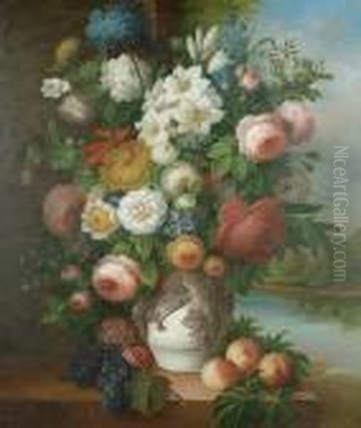 Still Life Of Flowers And Fruit On Top Of A Ledge Oil Painting by Thomas Webster