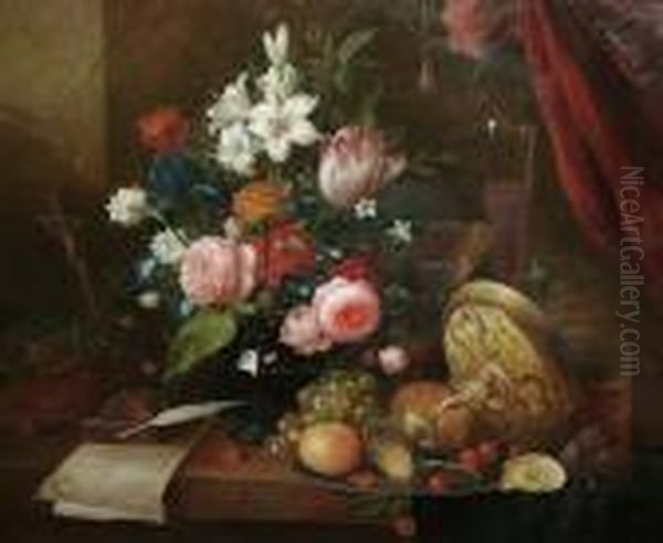 A Still Life Of Flowers, A Crucifix, An Upturned Tazza And Glasses, Displayed On A Ledge Oil Painting by Thomas Webster