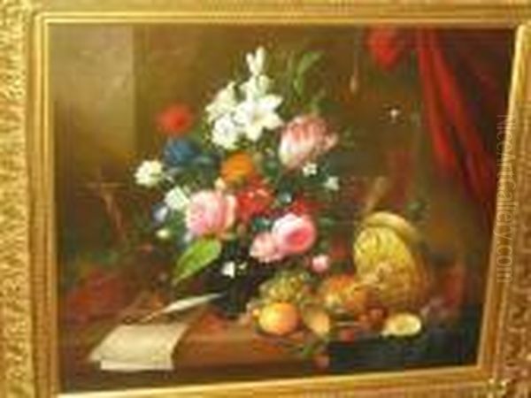 Still Life Of Flowers, Fruit, Metal Tazza, Wine Glasses And Quill On A Ledge Oil Painting by Thomas Webster