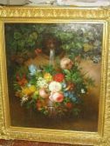 Still Life Of Flowers In An Urn Beneath A Water Fountain Oil Painting by Thomas Webster