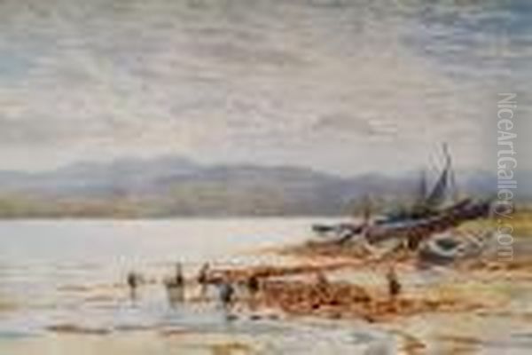 Lakeside Scene With Figures Gathering Cocklesby Fishing Boats Oil Painting by Augustus Watford Weedon