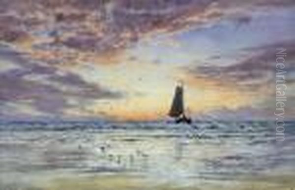 Watercolour On Linen Seascape With A Boat Oil Painting by Augustus Watford Weedon