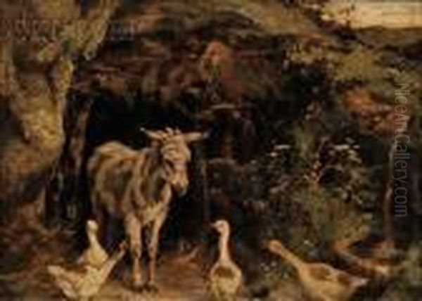 Donkey And Geese Oil Painting by Herbert William Weekes