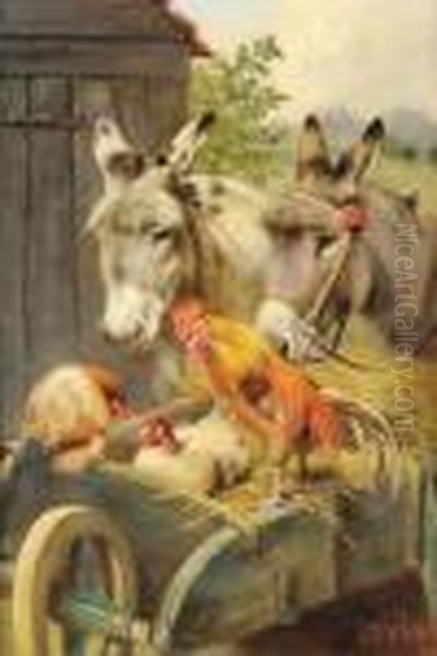 Two Donkeys Beside A Wheelbarrow, Cockerel And Hens In The Foreground Oil Painting by Herbert William Weekes