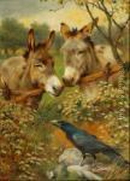 Twodonkeys And A Carrion Crow Oil Painting by Herbert William Weekes