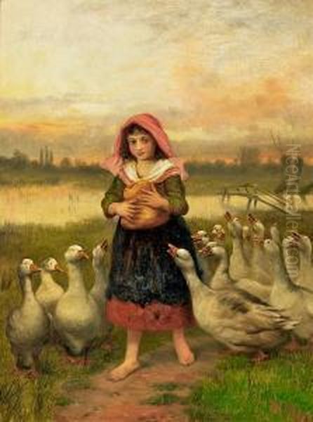 A Little Girl Feeding Geese. Signed W. Weekes Oil Painting by Herbert William Weekes