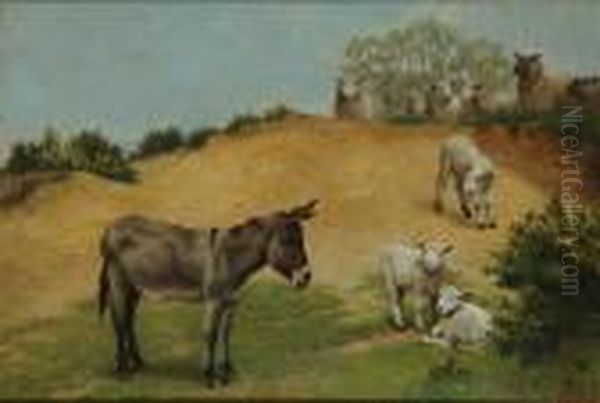 A Donkey And Lambs Oil Painting by Herbert William Weekes