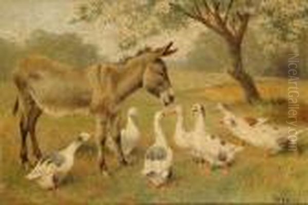 Geese And Donkeys On A Country Road; Geese And A Donkey Under A Tree Oil Painting by Herbert William Weekes