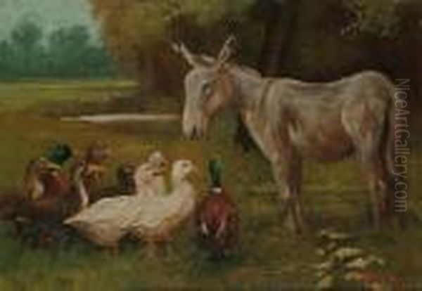 A Donkey With Ducks Oil Painting by Herbert William Weekes